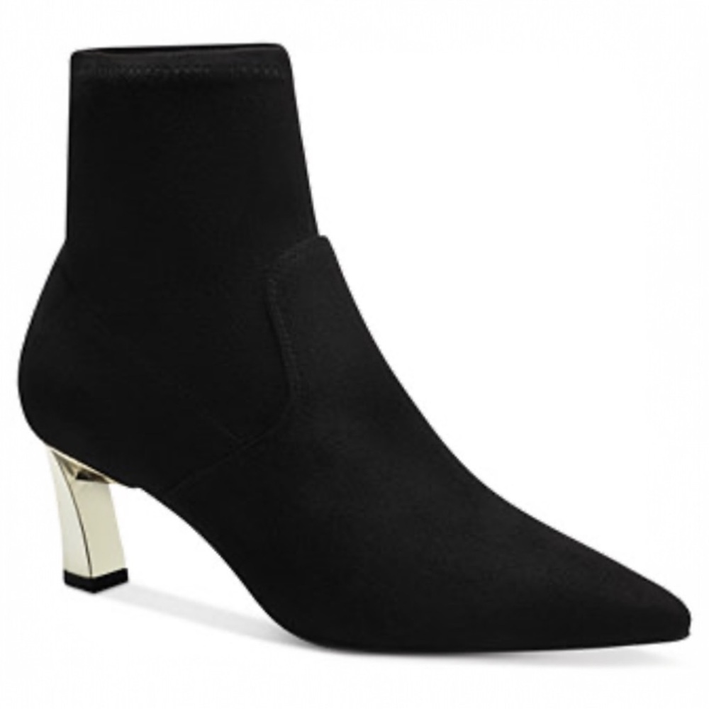 Alfani Bambey Gold Heel Pointed Toe Faux Suede Black Bootie 8-8.5 NEW